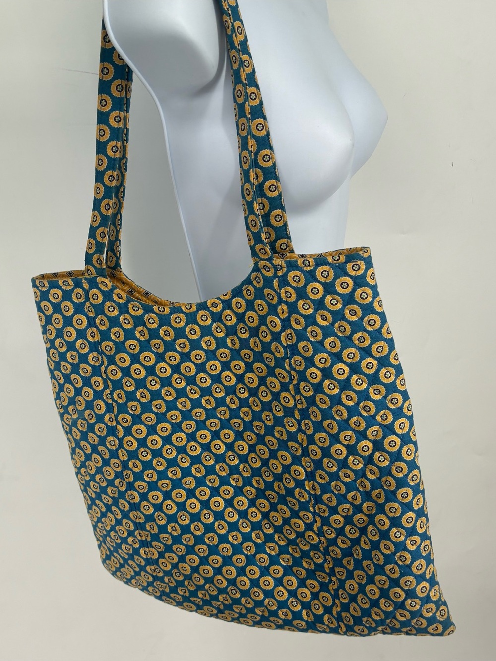 Vintage 90s Vera Bradley Blue Yellow Tote Bag Shoulder Purse Cotton Large Big